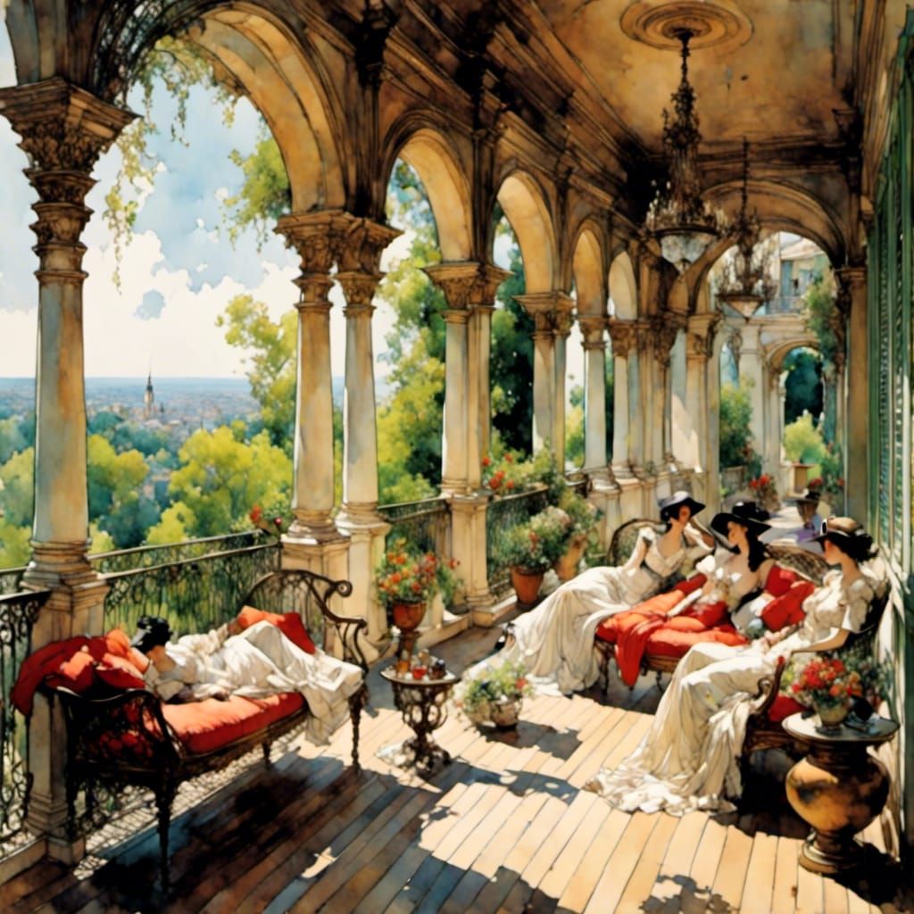 Southern Gothic Veranda Scene in Romantic Watercolor Style