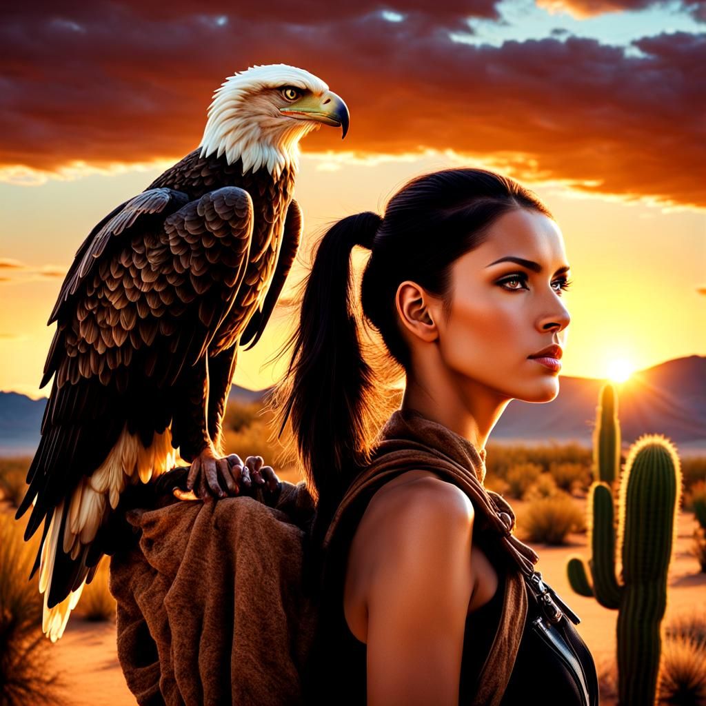 Woman and Eagle in Desert Sunset