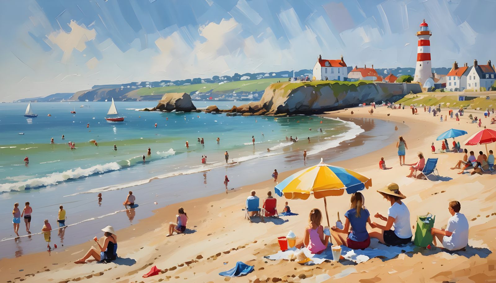 Sandy British Beach Scene with Holidaymakers and Lighthouse