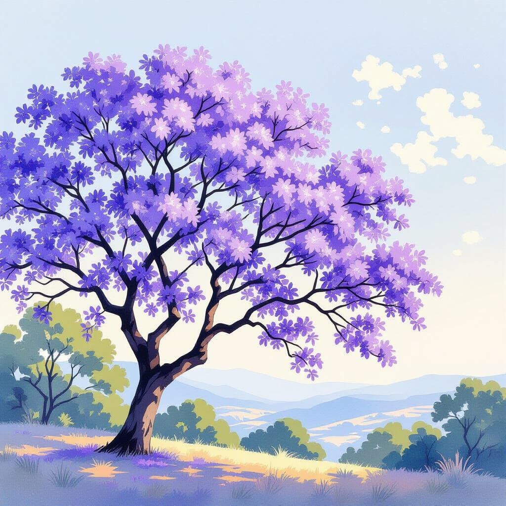 Ethereal Watercolor Jacaranda Tree in Bloom