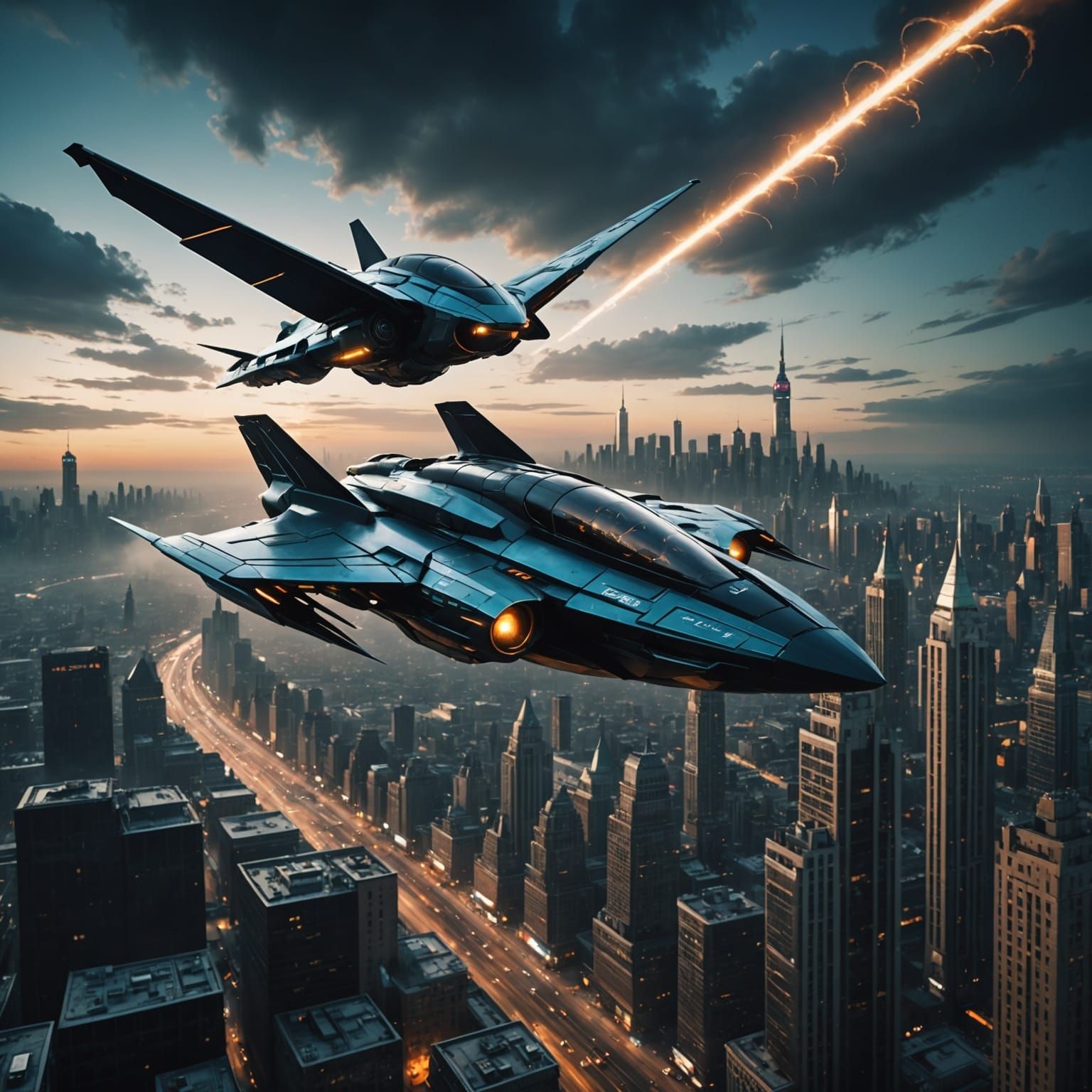 Sci-Fi Spacecraft Soaring Over Cityscape