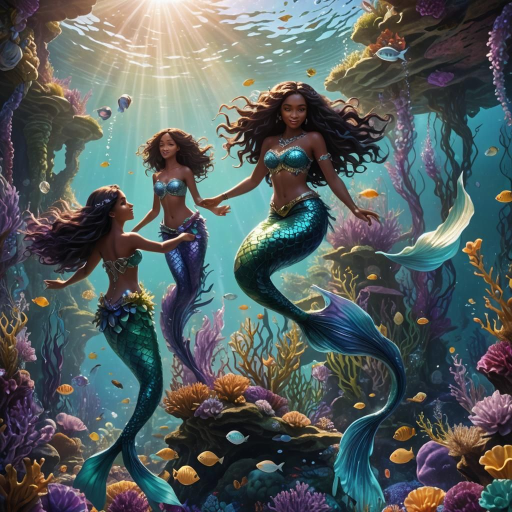 Sunlit Underwater Kingdom of Diverse Mermaids