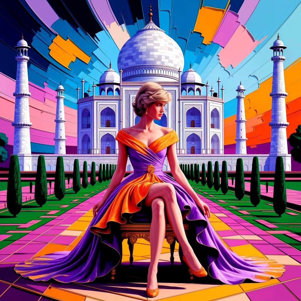 Princess Diana at the Taj Mahal as Gouache Painting