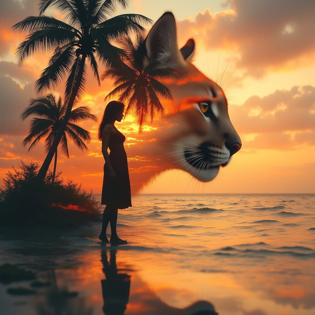 Cougar and Jamaican Woman Double Exposure Art