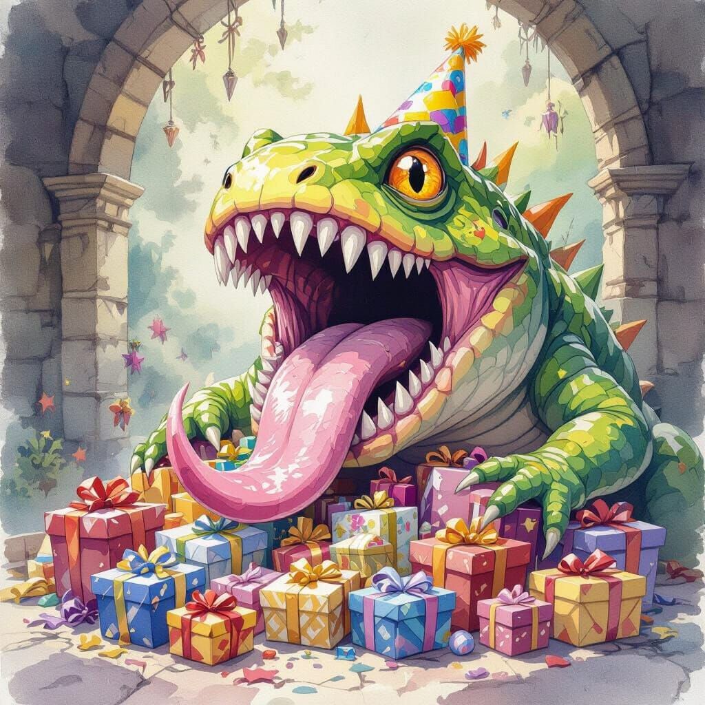 Fantasy Mimic Dragon Gift Design in Watercolor