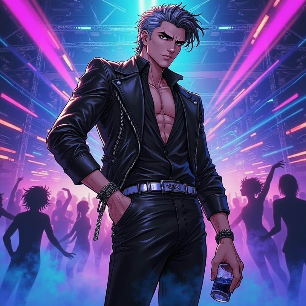Handsome Anime Man in Neon Nightclub - Digital Art