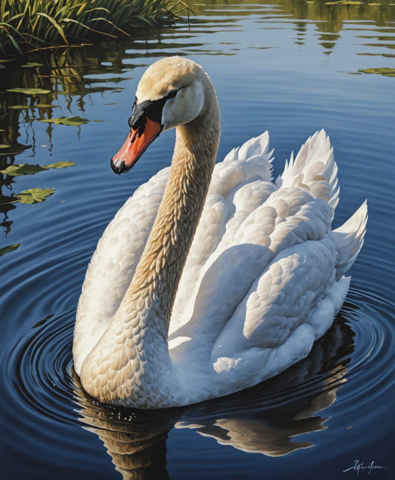 Elegant Swan in Realistic Oil Painting