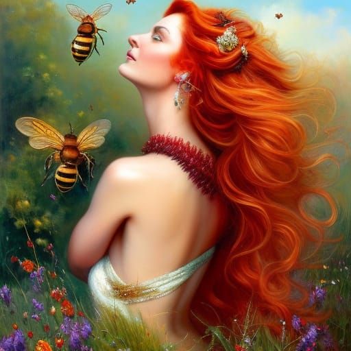 Red Haired Woman in Field of Bees