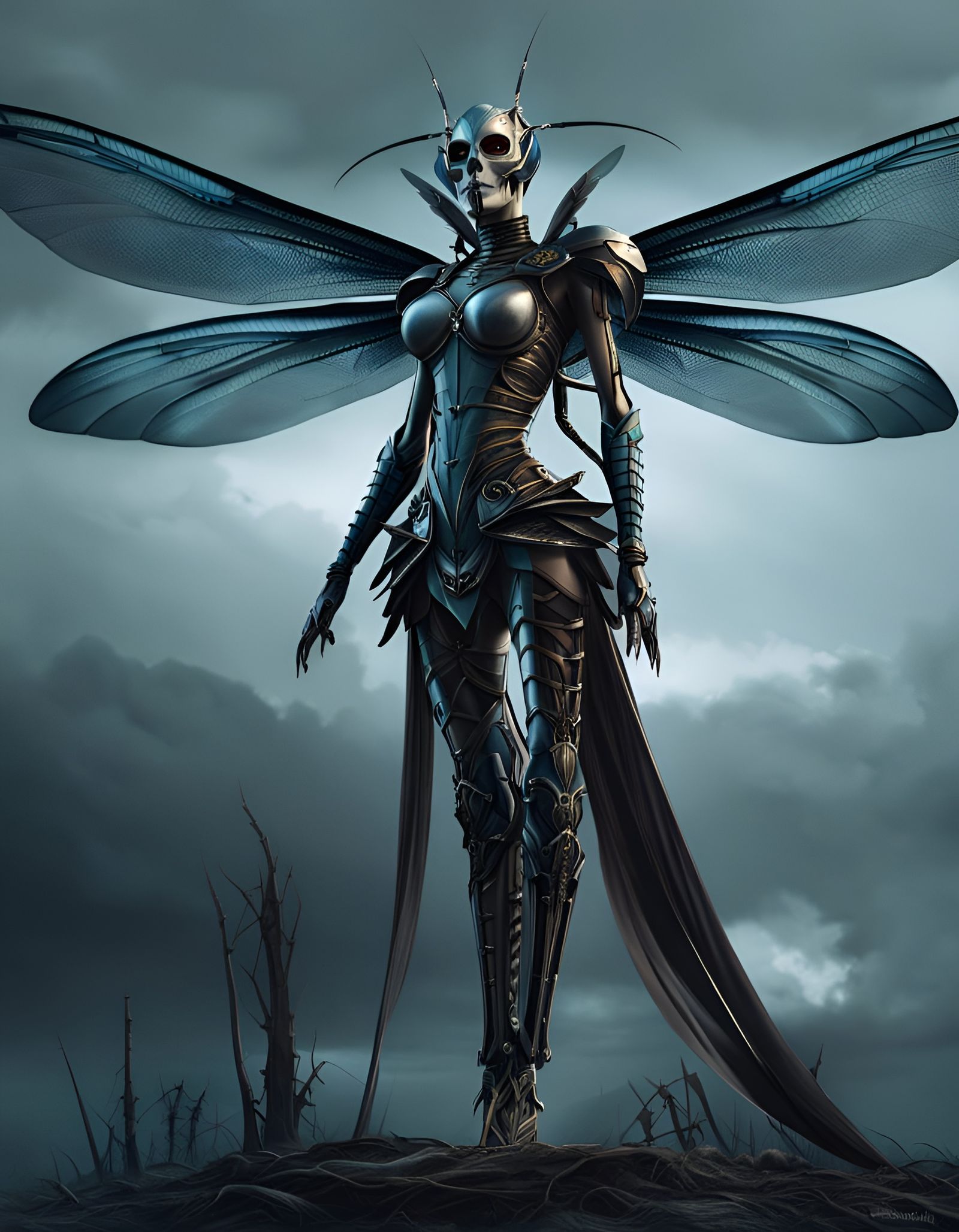 Evil Dragonfly Woman Fairy in Alphonse Mucha Style