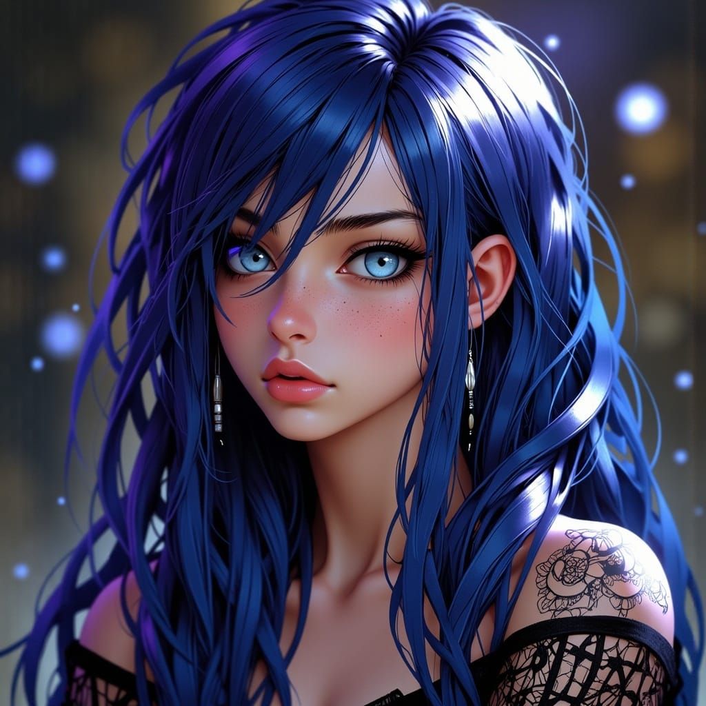 Winking Blue-Haired Woman: Dark Fantasy Illustration