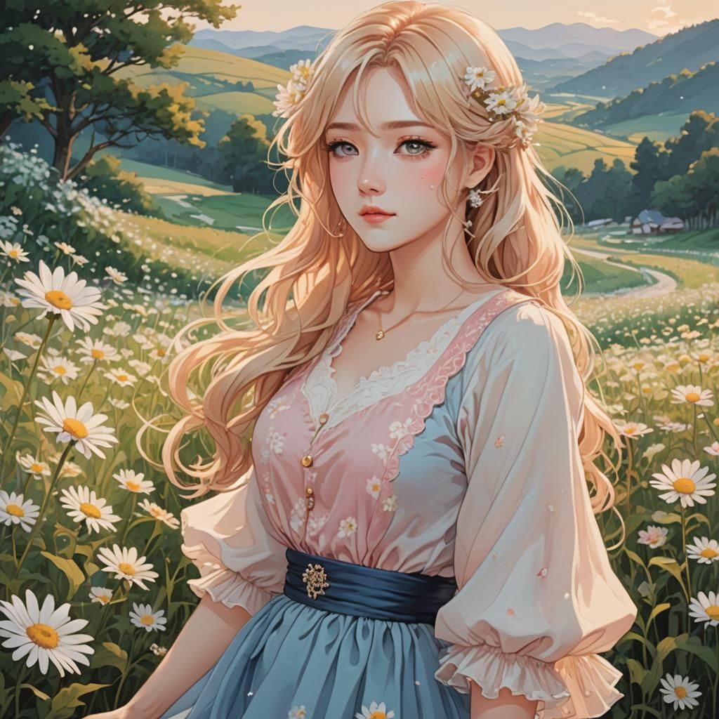 Woman Painting Daisies in Manhwa Style