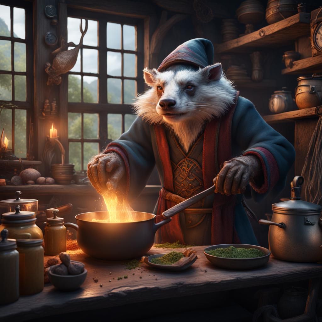 Rock Badger Wizard Cottage Scene, Detailed Matte Painting