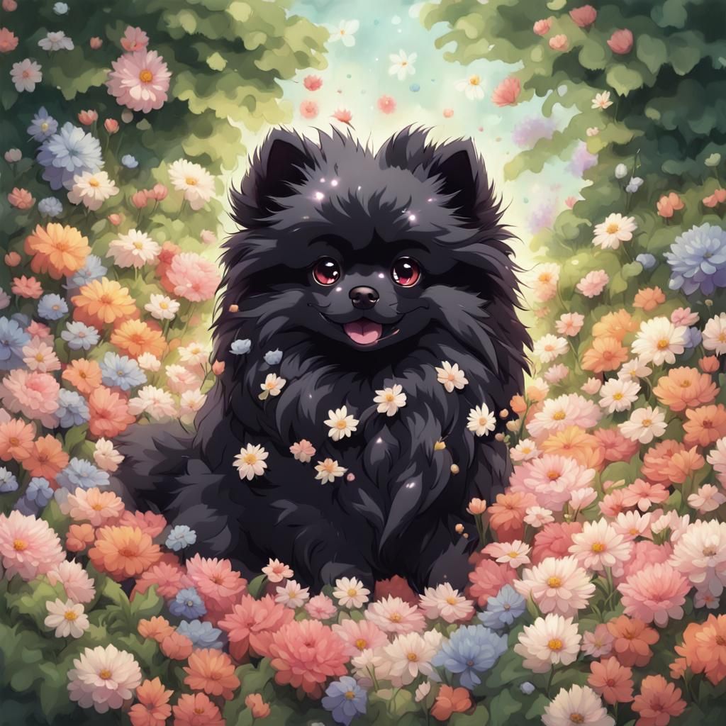 Floral Pomeranian Puppy in Anime Style