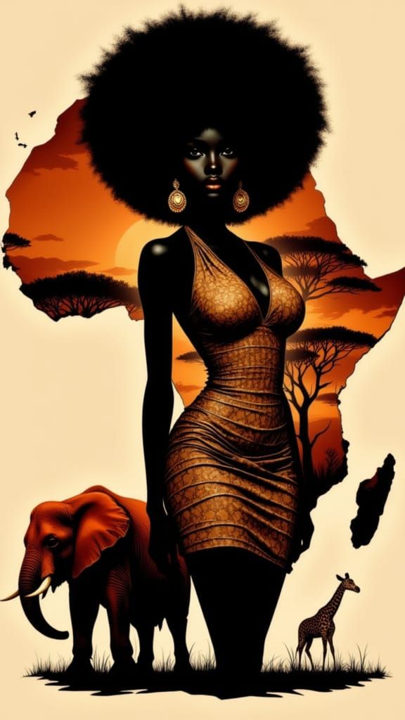Afro Bombshell Silhouette Against African Map