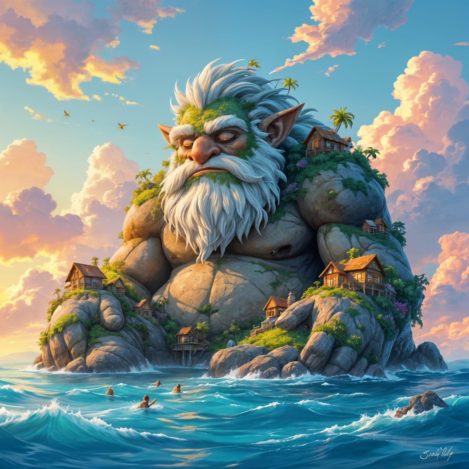 Sleeping Rock-Troll Island City in Pixar Style