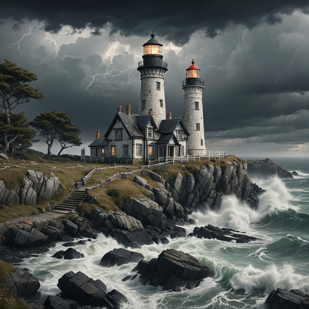 Stormy Sea Cottage Lighthouse: Detailed Matte Painting