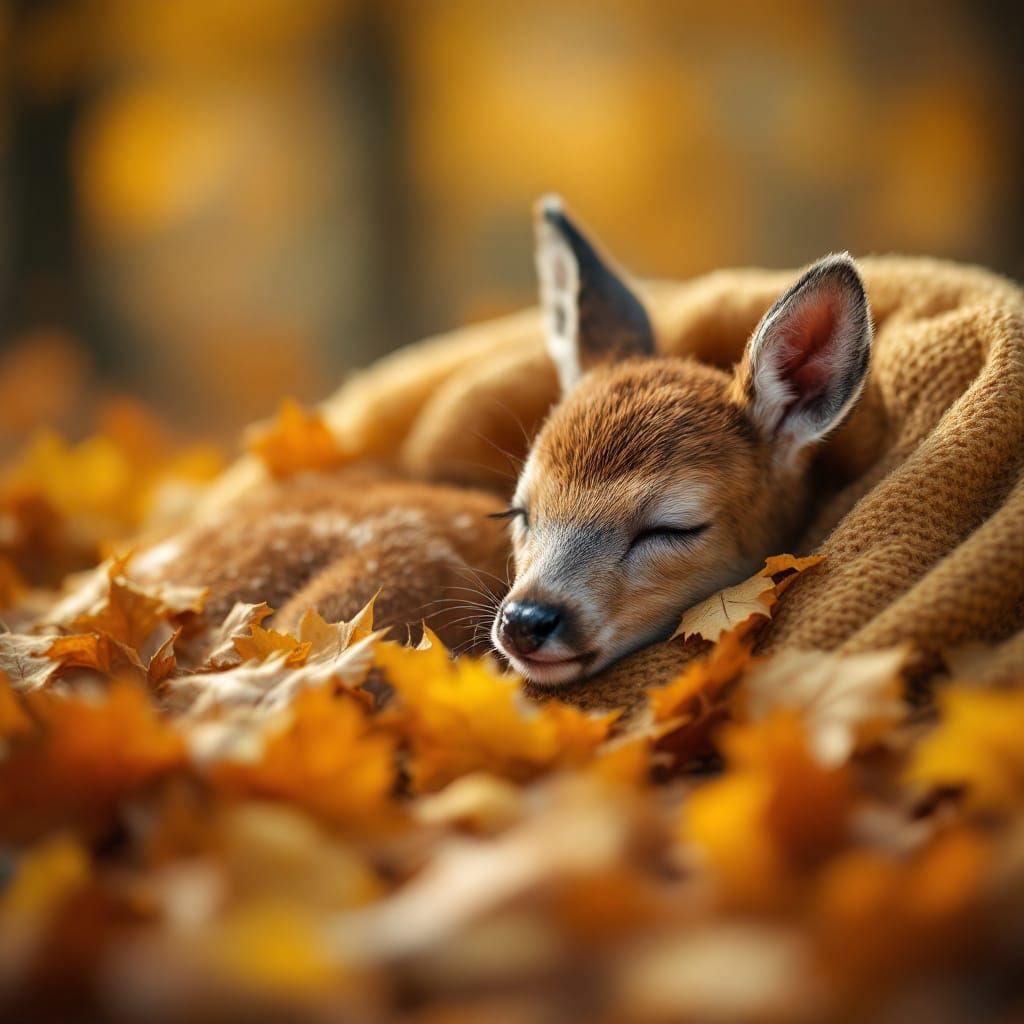 Serene Baby Deer Asleep in Autumn Leaves