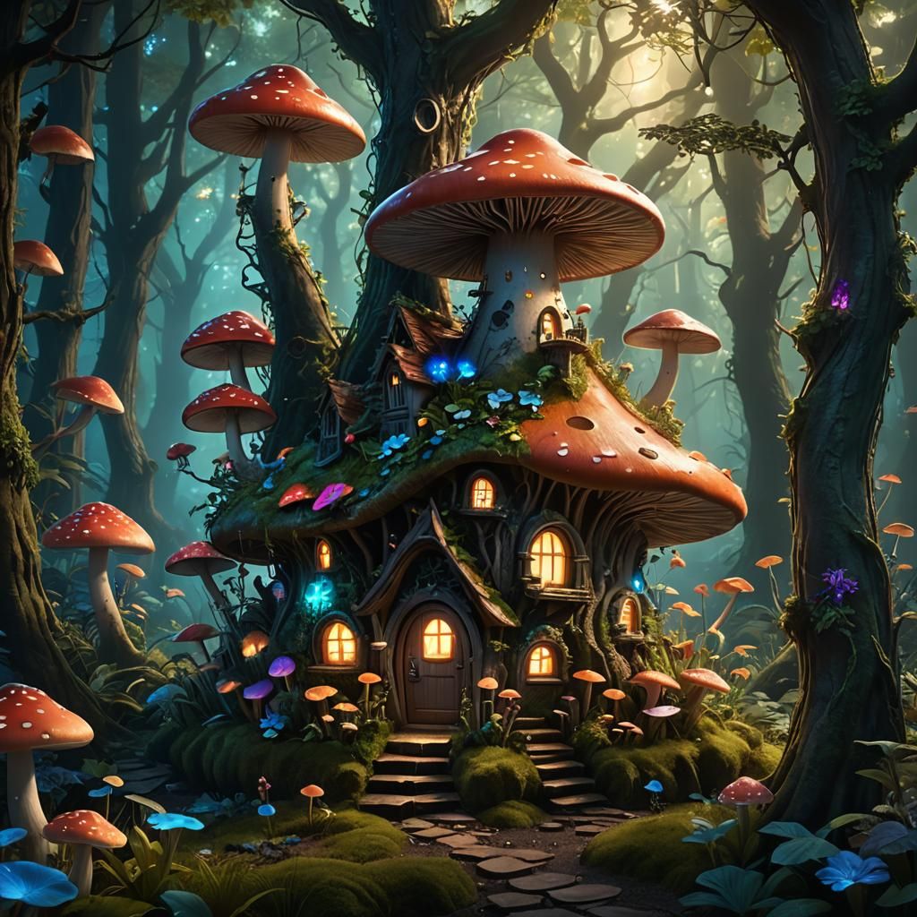 Enchanted Fairy Mushroom House in Bioluminescent Forest