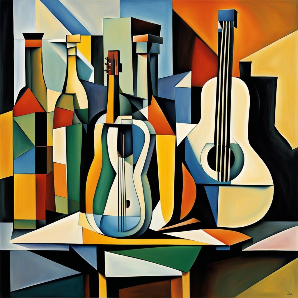 Cubist Still Life with Guitar in Picasso Style