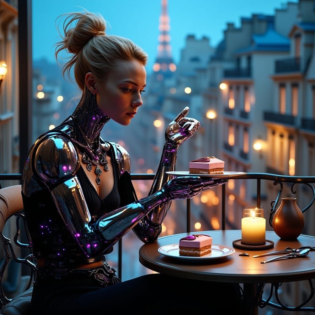 Cyborg Woman Contemplates Cake in Futuristic Paris
