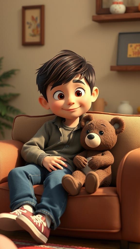 Boy and Bear Cub on Sofa, Pixar Style