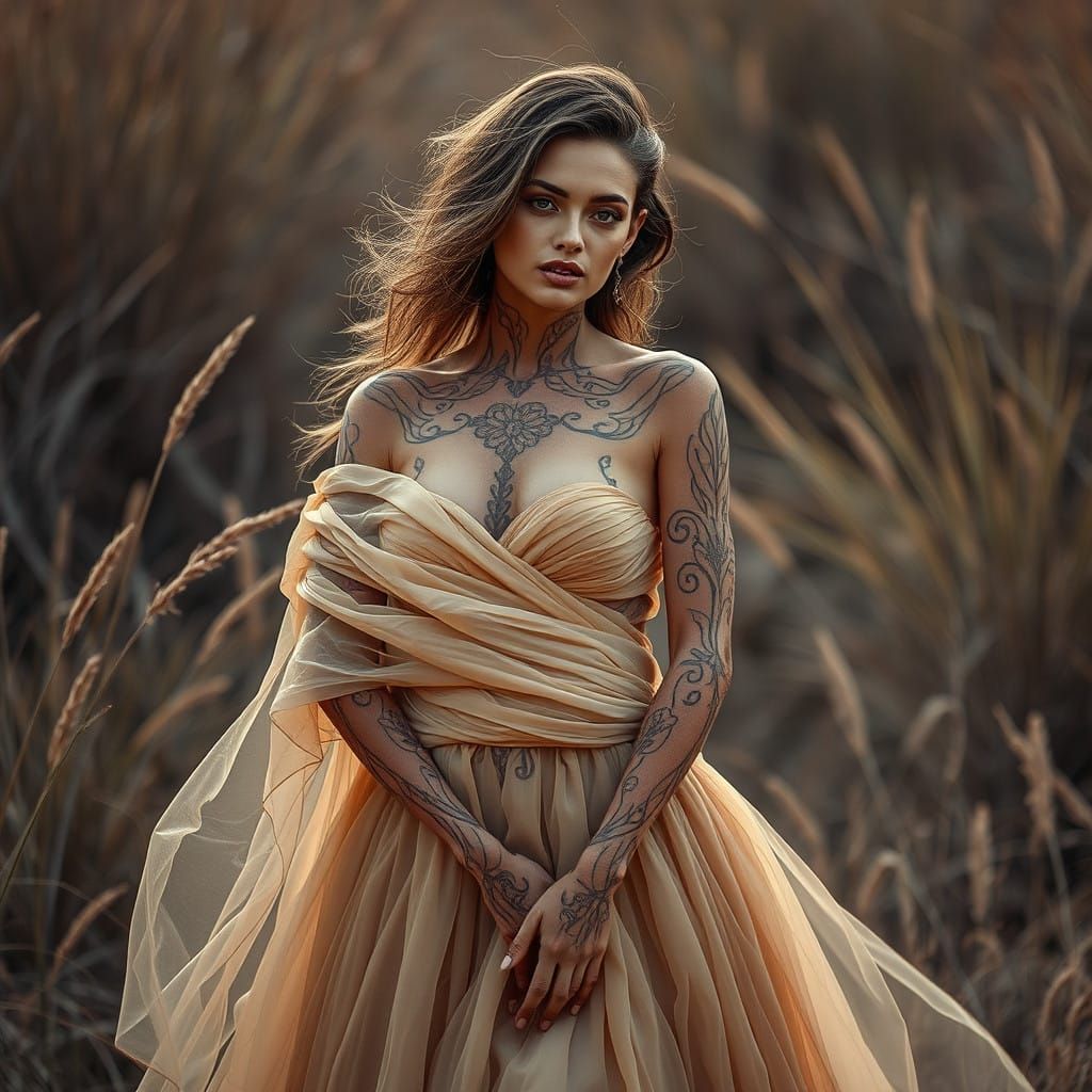 Ethereal Goddess in Earth-Toned Haute Couture