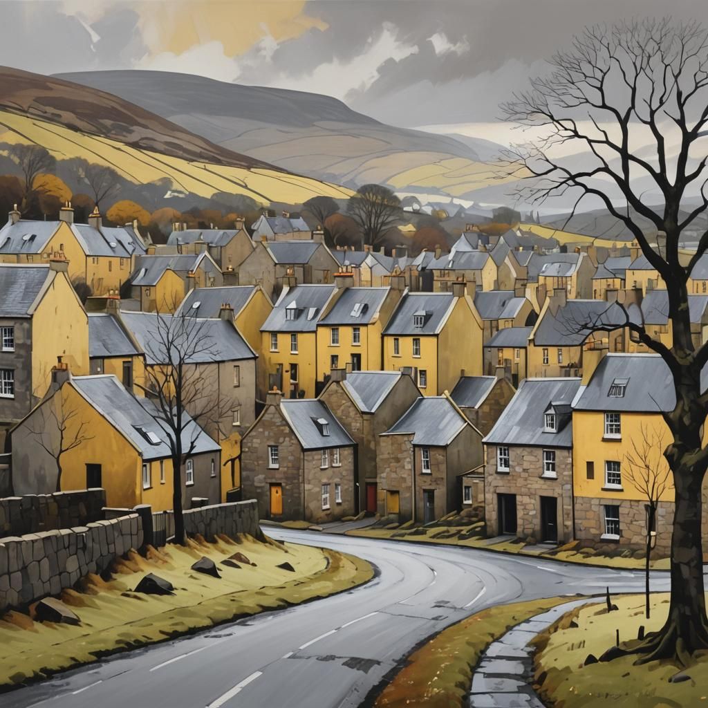 Scottish Village in Yellow, Grey, and Brown