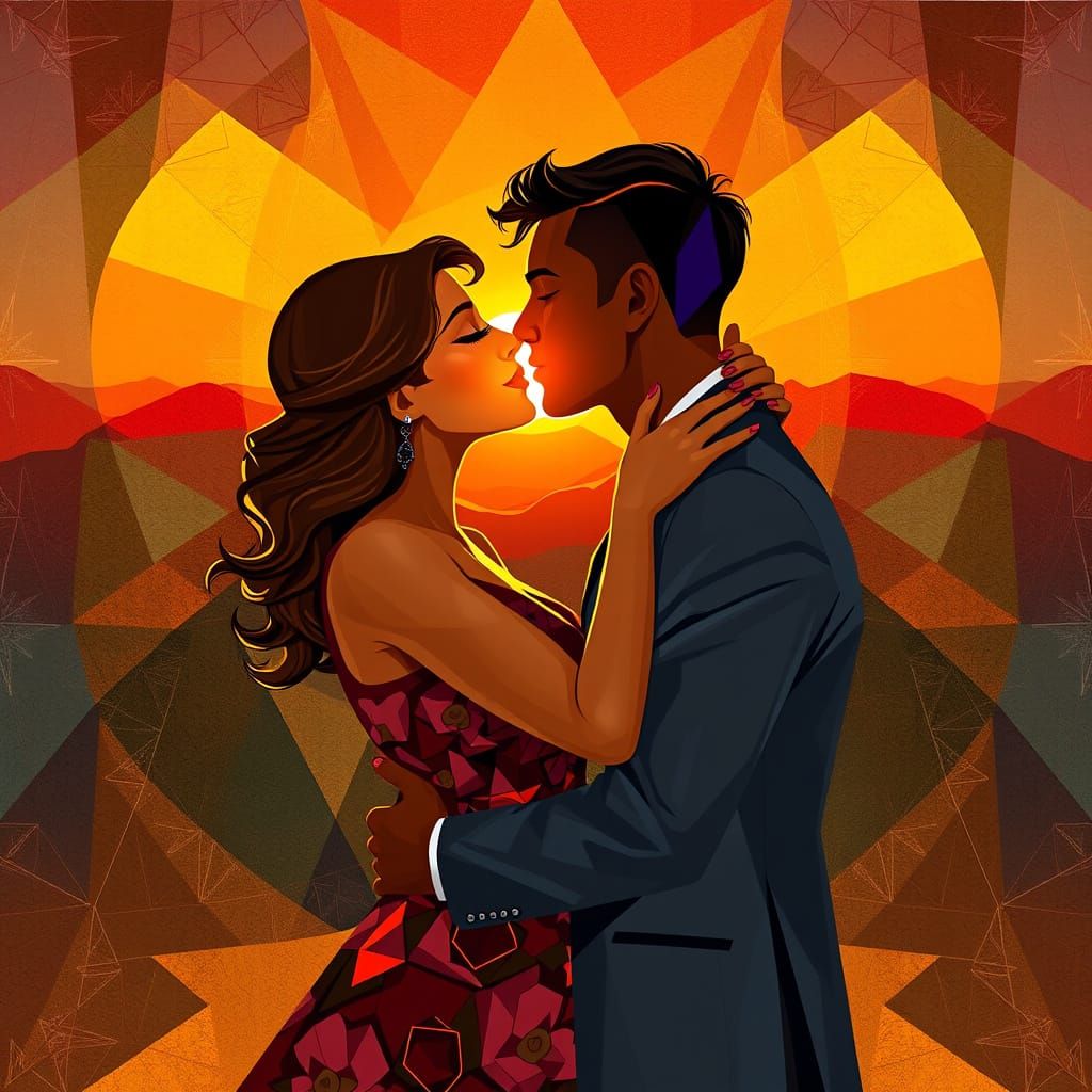 Passionate Embrace at Sunrise in Cubist Art Style
