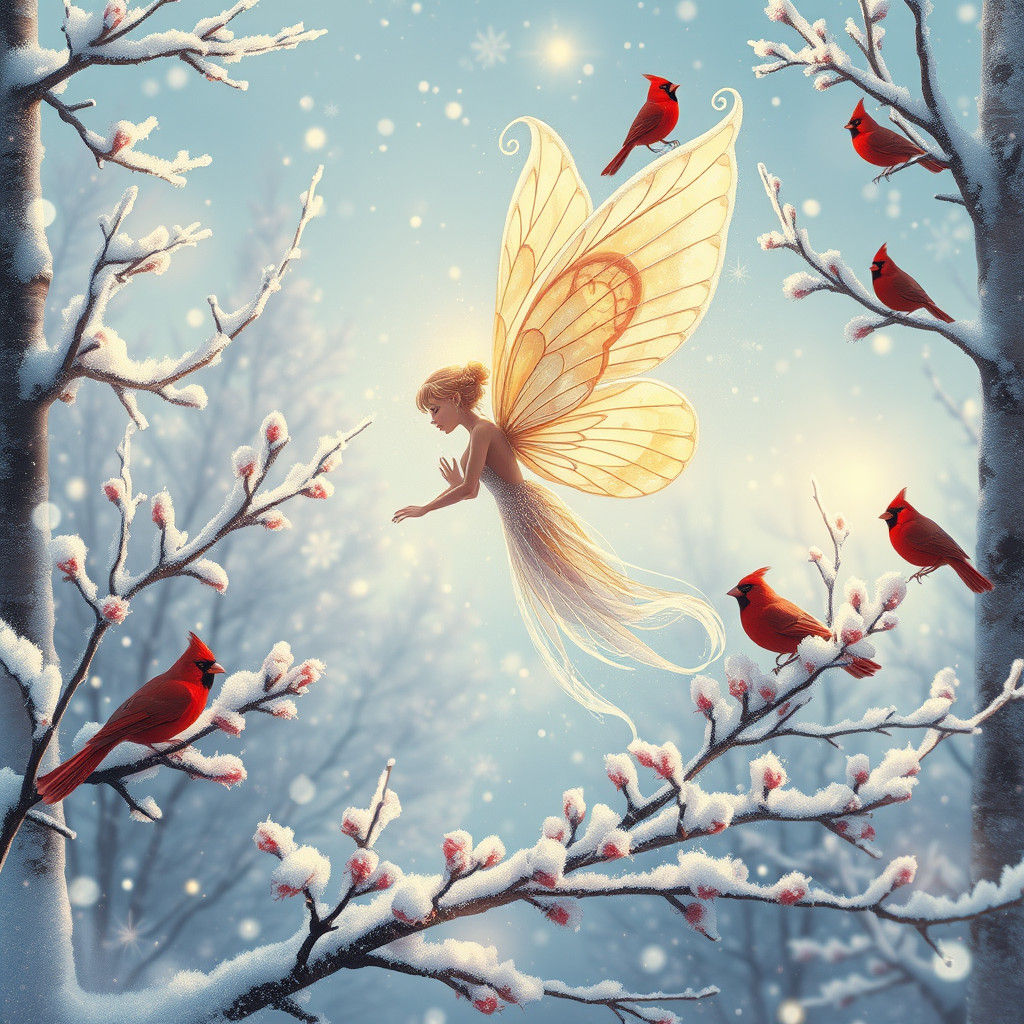 Winter Fairy with Cardinals, Art Deco Synthwave Style