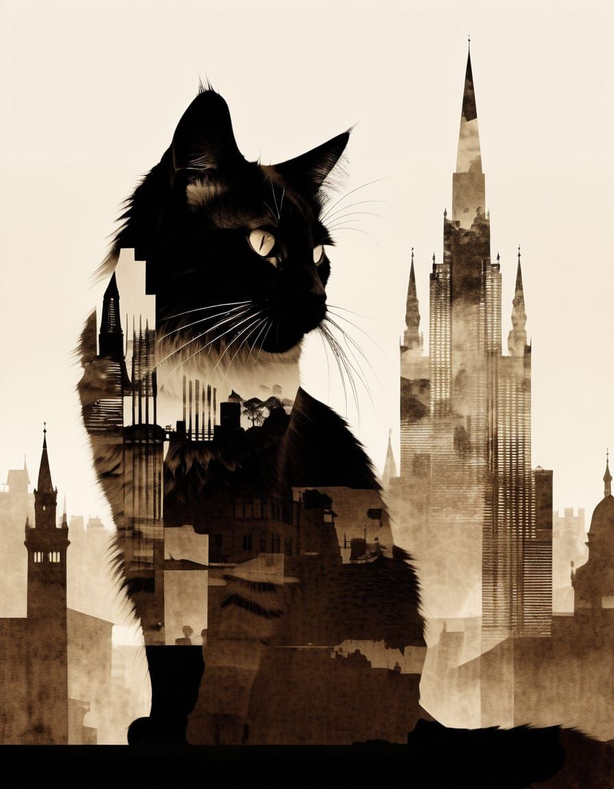 Ethereal Feline Silhouette Unfolds in Constructivist Citysca...