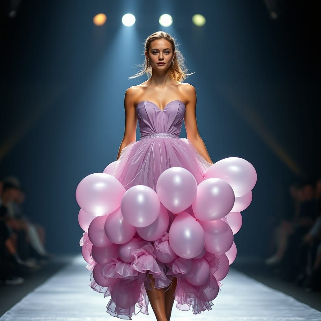 Ethereal Fashion Model Struts Down Runway in Inflated Balloo...