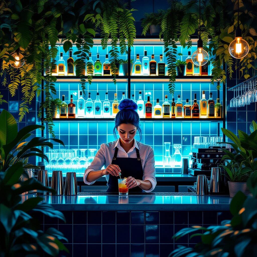 Modern Blue Tiled Bar with Lush Botanicals