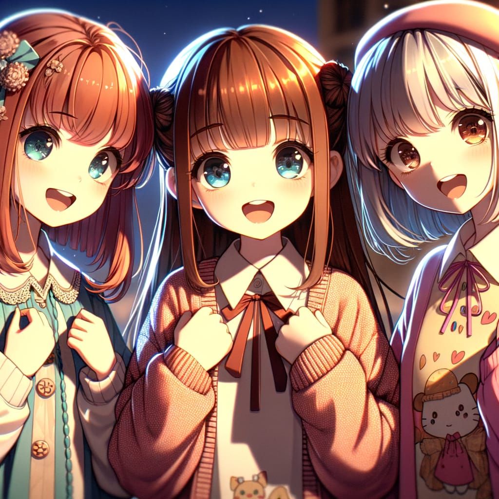 Cheerful Anime Girls Posing in Vivid 3D Style