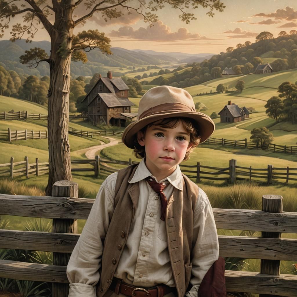 Colonial American Boy Portrait in Folk Art Style