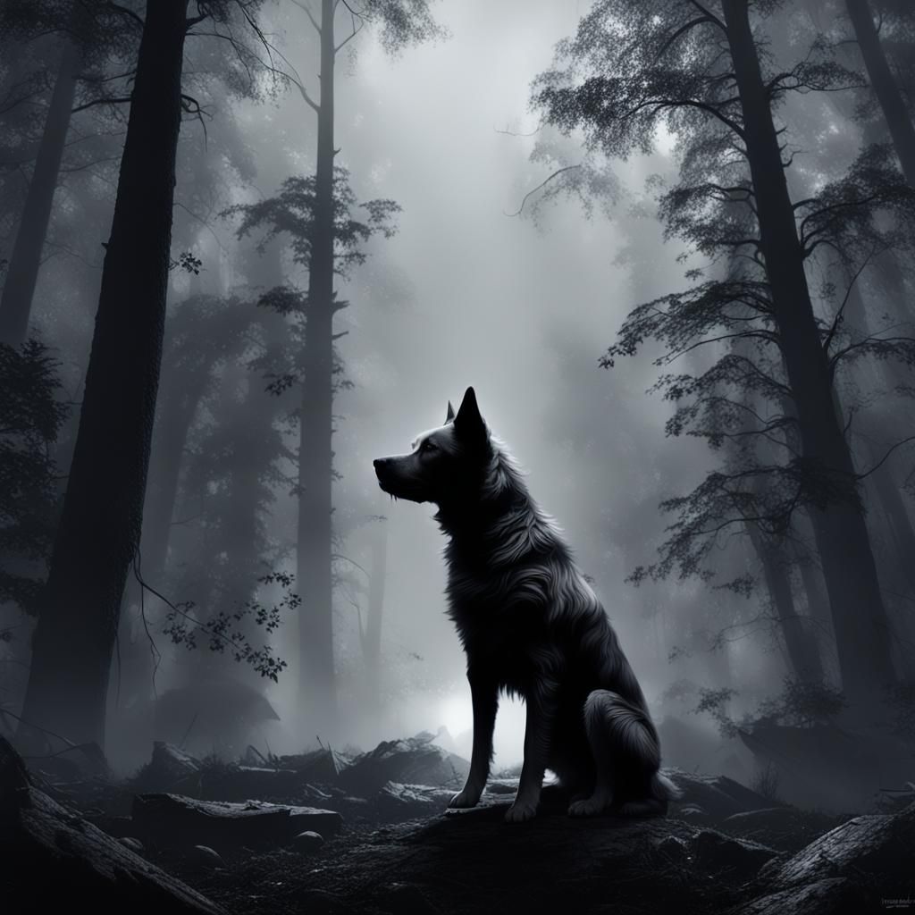 Sad Dog Lost in Foggy Forest