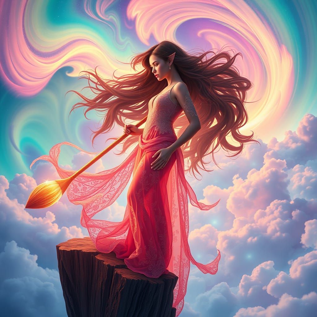 Young woman standing on the edge of a floating cliff, holdin...