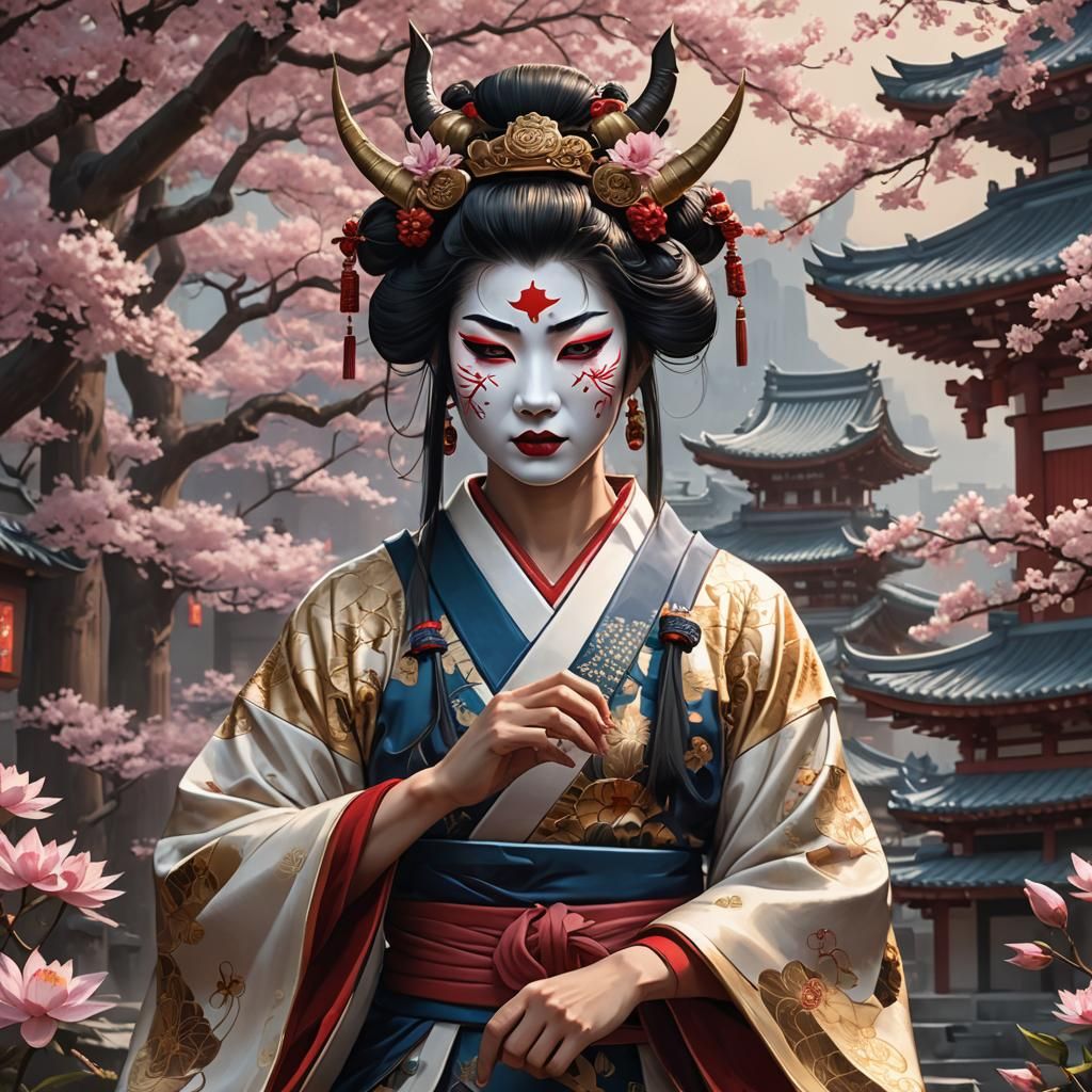 Geisha Samurai with Oni Mask in Japanese Temple City