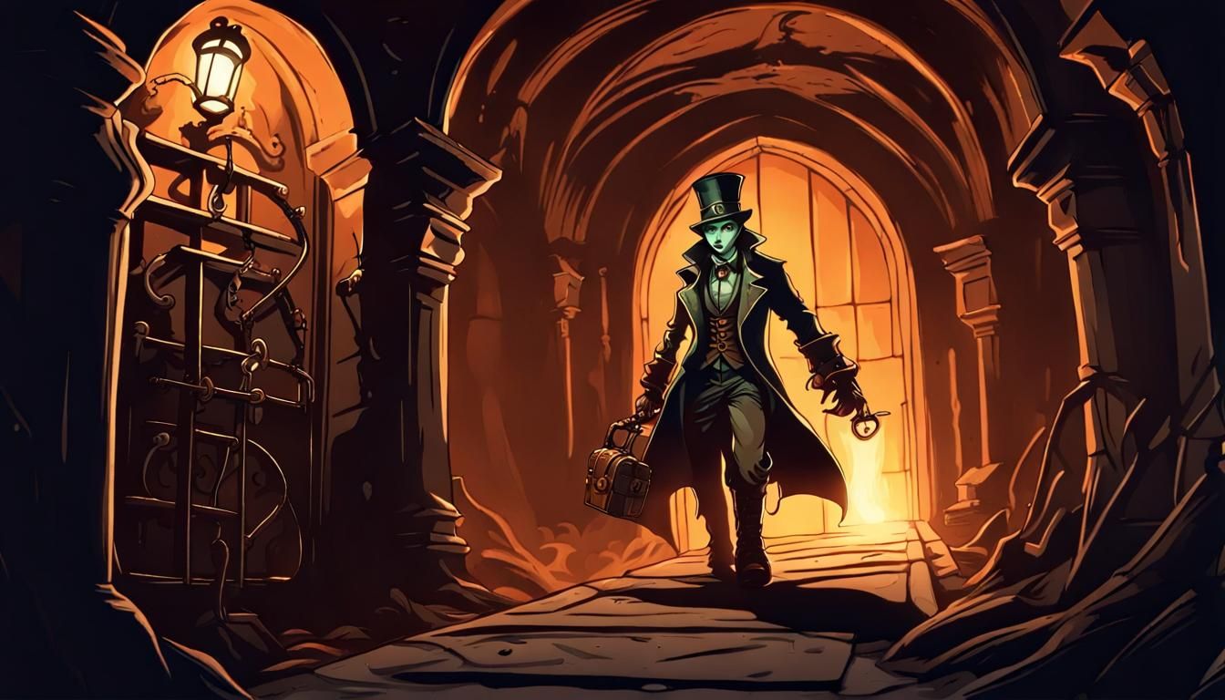 Steampunk Adventurer in Haunted Crypt at Night