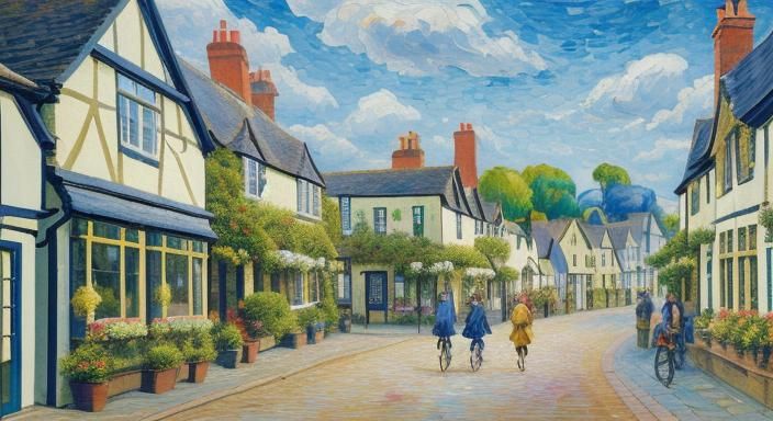 Bustling English Village Street as Expressionist Painting