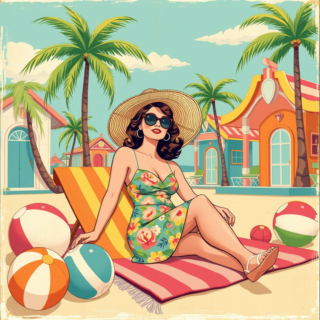 Vintage Beach Scene in Whimsical Art Deco Style