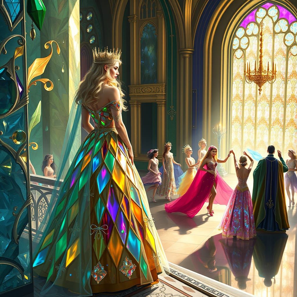 Queen in Shimmering Glass Dress Overlooking Dancers