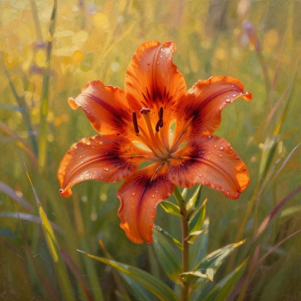 Vibrant Tiger Lily in Sun-Drenched Meadow Oil Painting