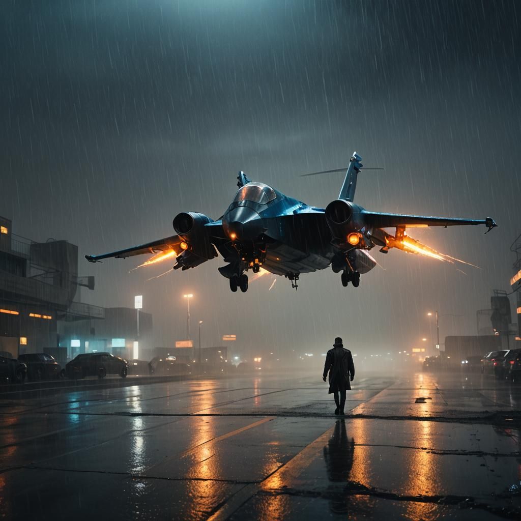 Futuristic Nighttime Jet Takes Off Amidst Heavy Rain