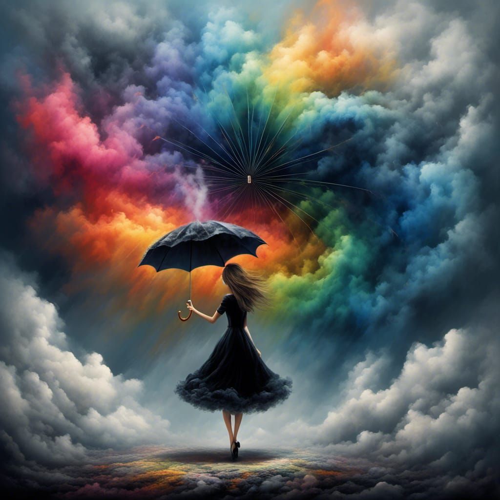 Girl Under Rainbow Smoke Umbrella
