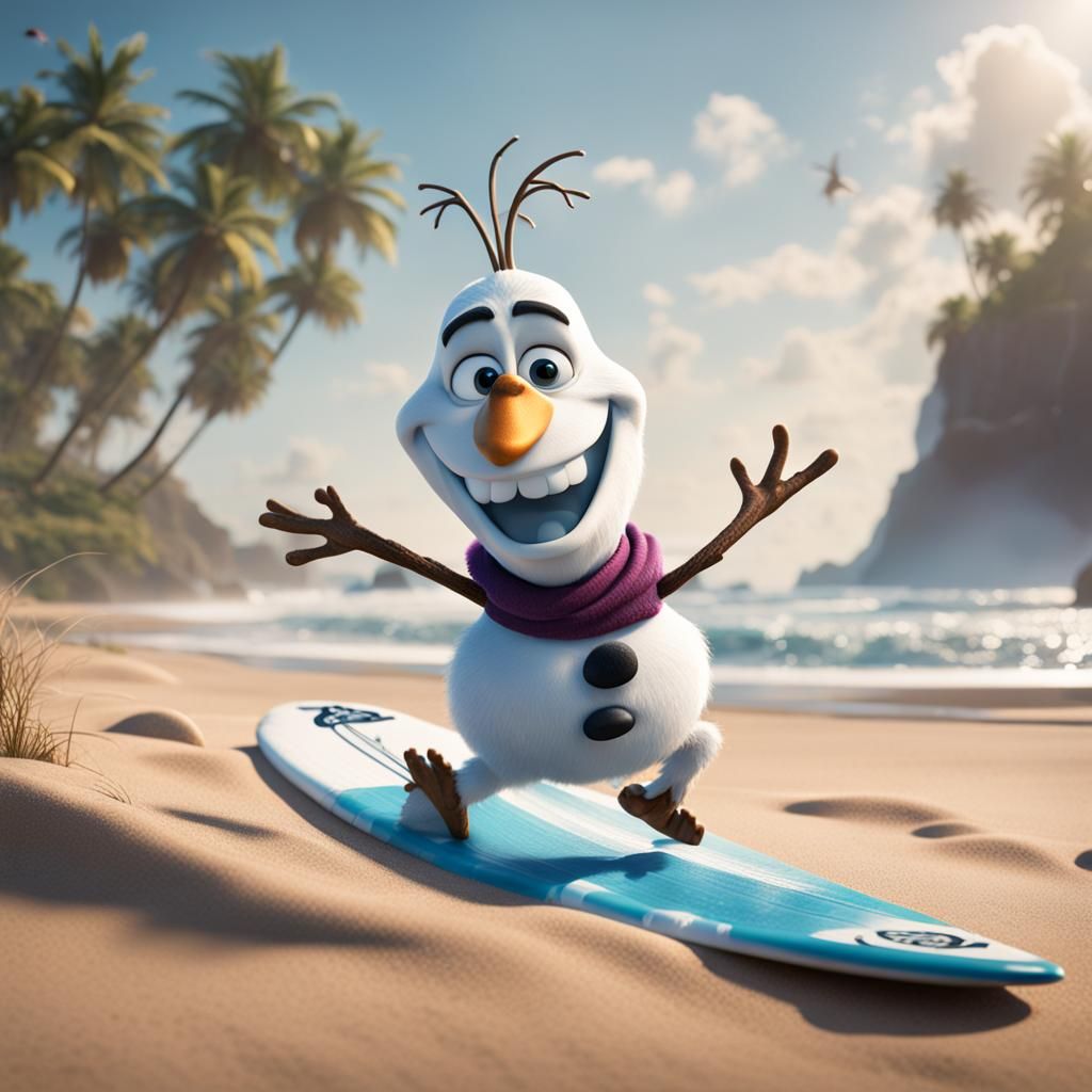 Hyperrealistic Olaf Surfing at the Beach