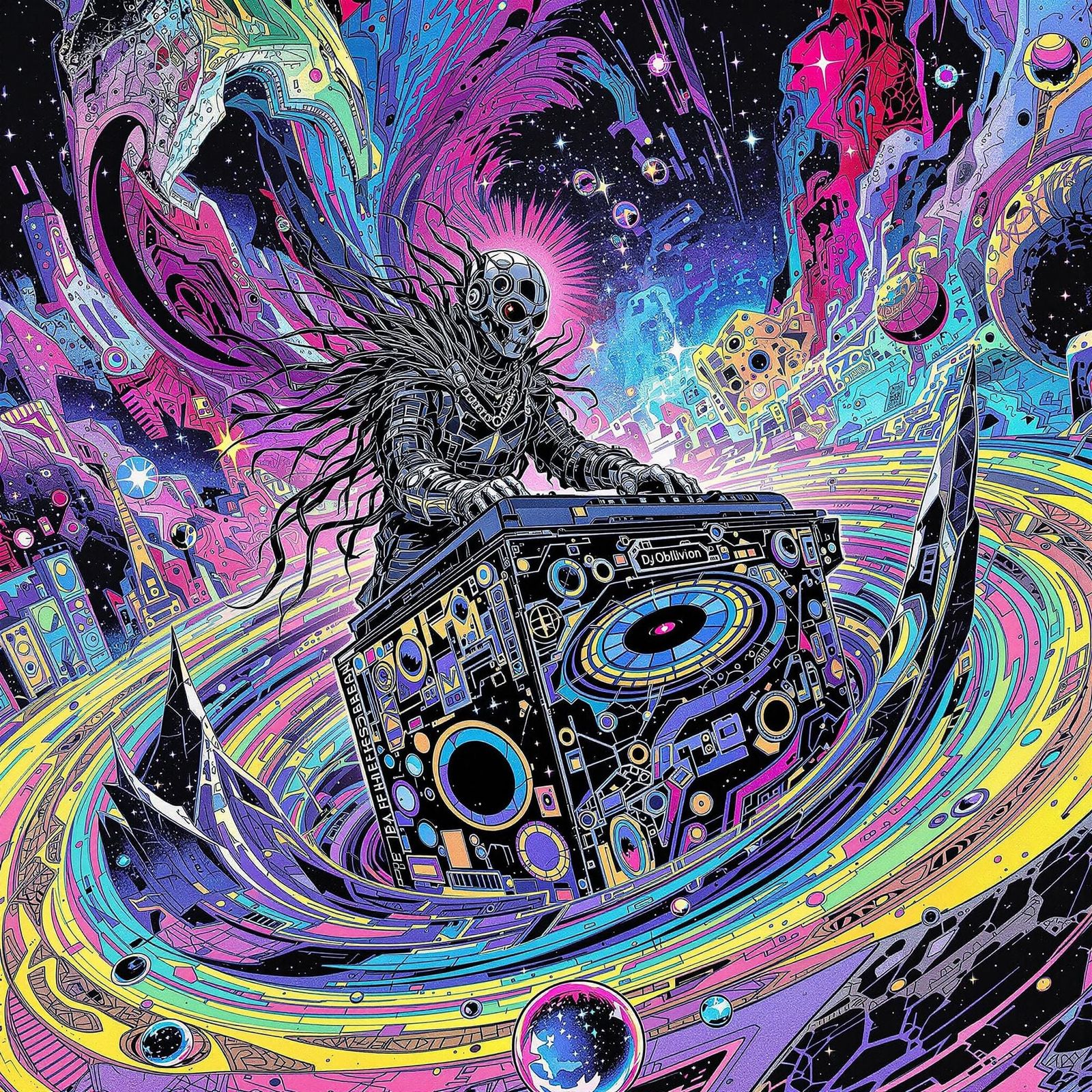 DJ Rides Digital Media Vortex in Visionary Art Style