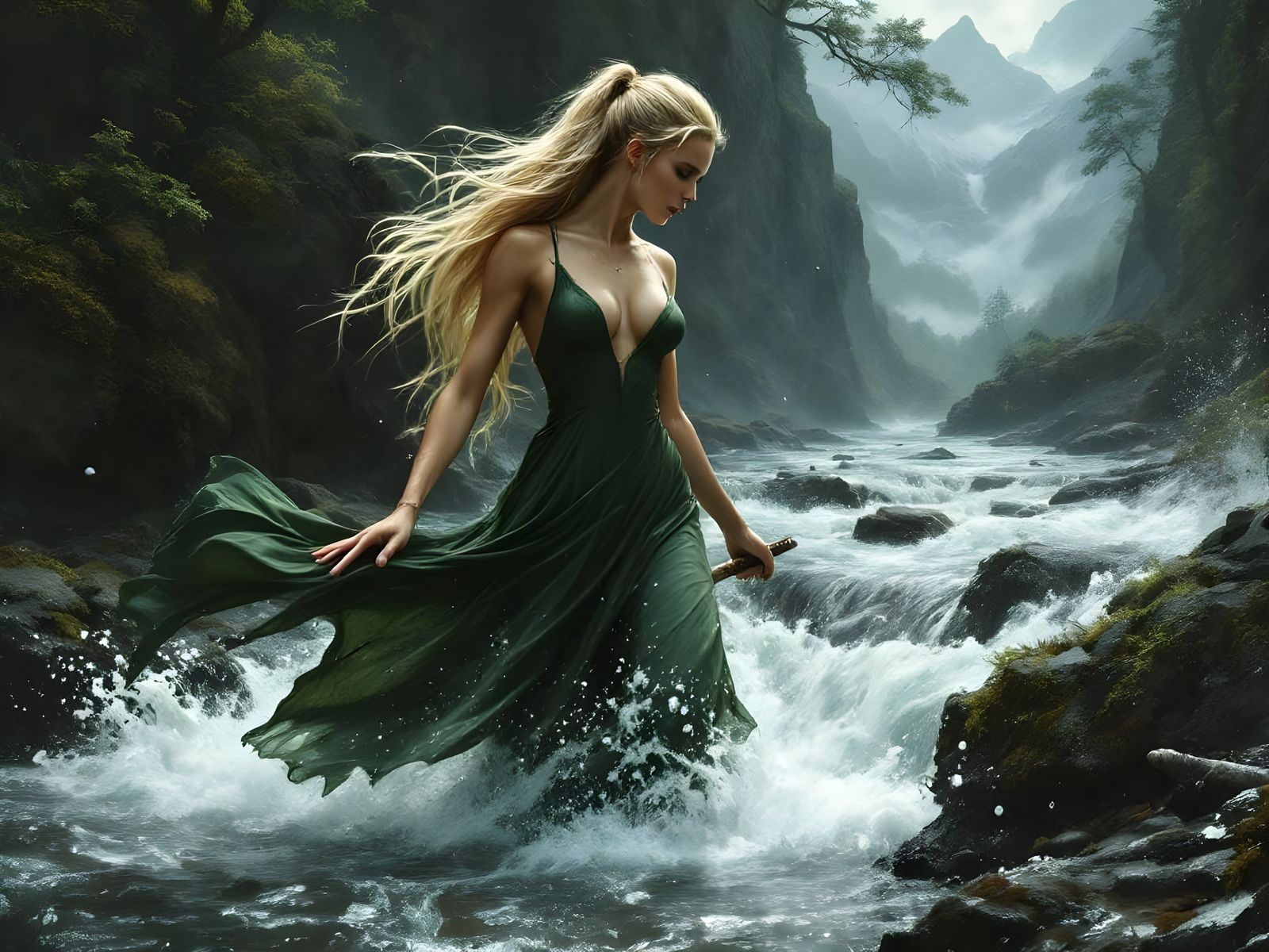 Norse Goddess Forges Raging River in Fantasy Art