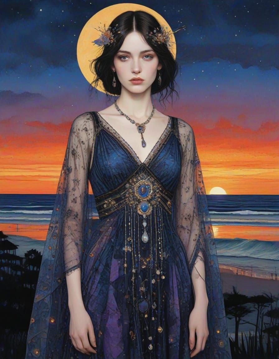 Ethereal Goddess Adorned in Boho Chic Elegance Against Vibra...