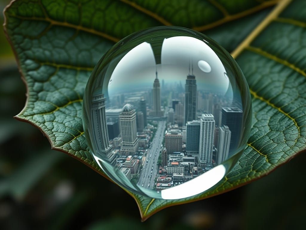 Urban Oasis Within a Raindrop: A Hyper-Realistic Leaf