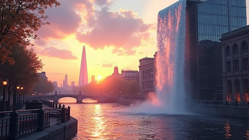 Waterfall from the Shard Empowers London Landscape at Sunset